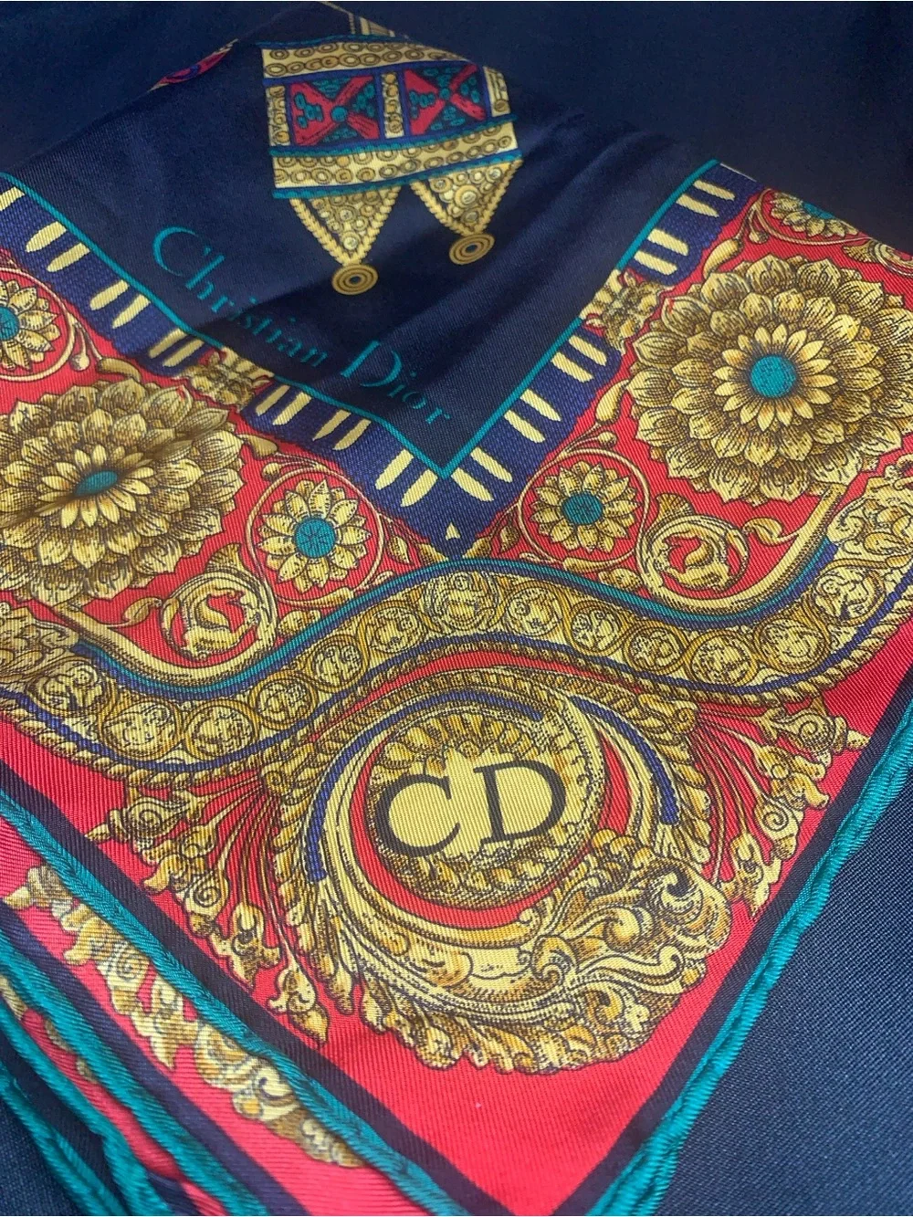 Dior Red, Gold & Teal Baroque Silk Scarf